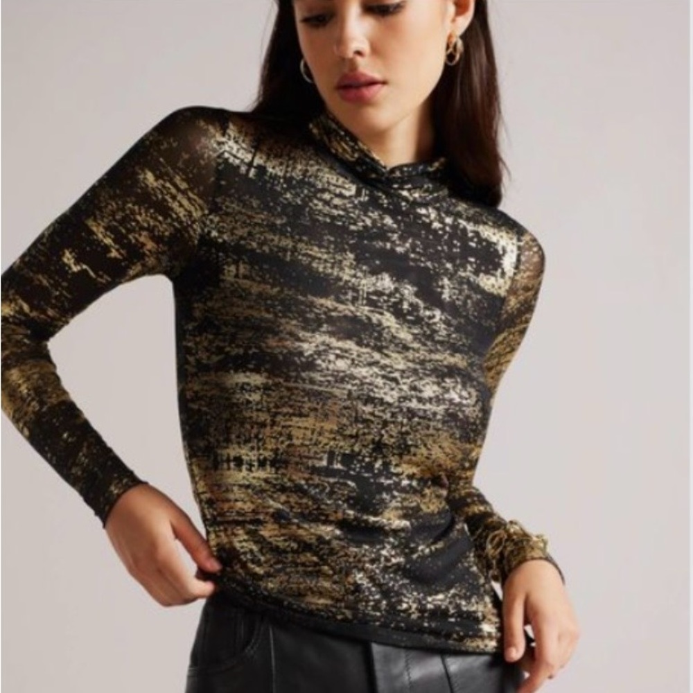 NWT Ted Baker Black and Gold Foil Print Turtleneck Top